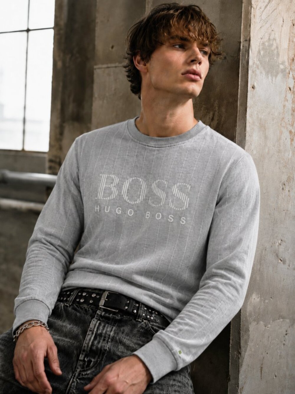 Hugo Boss Men’s L Slim Fit Grey Pinstripe Sweatshirt Sporty Casual